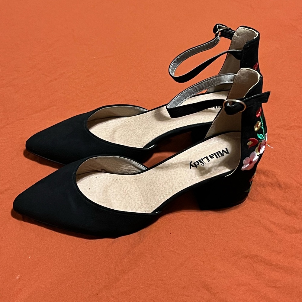 Black Floral Embroidered Heels
